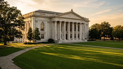 Obraz premium Beautiful golden hour sunlight illuminates this classical marble campus building, casting dramatic long shadows across the manicured lawn.