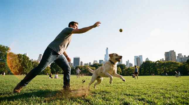 Man Playing Fetch with Dog in City Park on Sunny Day