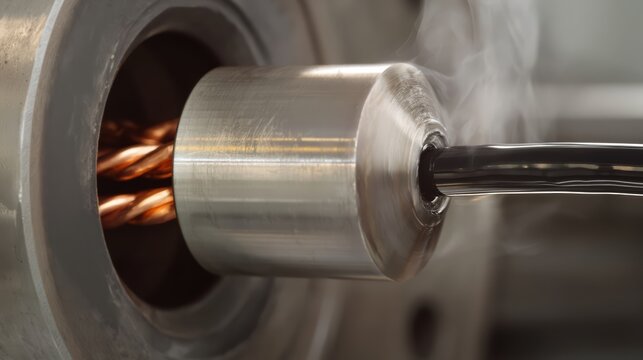 An industrial plastic extrusion coating machine applying black PVC jacket over bundled copper wire.