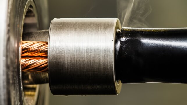An industrial plastic extrusion coating machine applying black PVC jacket over bundled copper wire.