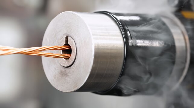 An industrial plastic extrusion coating machine applying black PVC jacket over bundled copper wire.