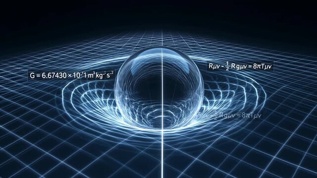 Animated sphere bending glowing grid illustrating space-time gravity and physics theories.