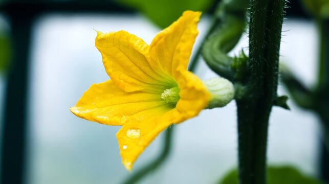 Greenhouse cucumber plant with a flower at pollination stage.