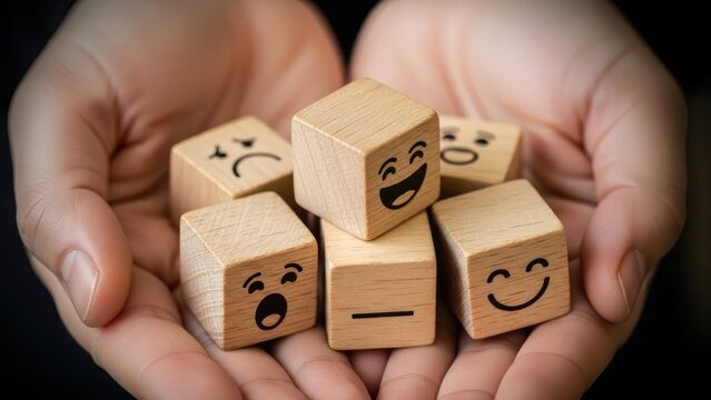 Hands Holding Wooden Blocks with Emotional Faces Showing Different Moods
