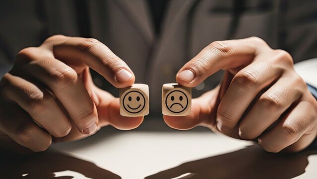 Hands Holding Wooden Blocks with Happy and Sad Emoticon Faces