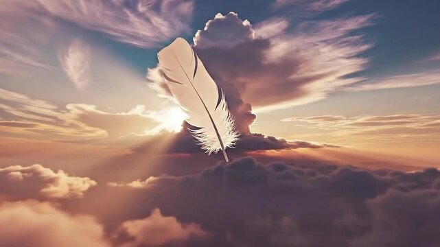 White feather floating peacefully across the vast golden sky as a gentle breeze moves this delicate object in a cinematic motion animation sequence captured for your high quality project needs.