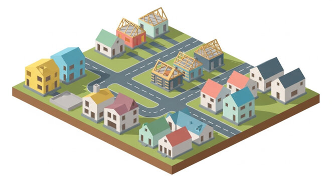 Isometric Suburban Neighborhood Model With Colorful Houses.