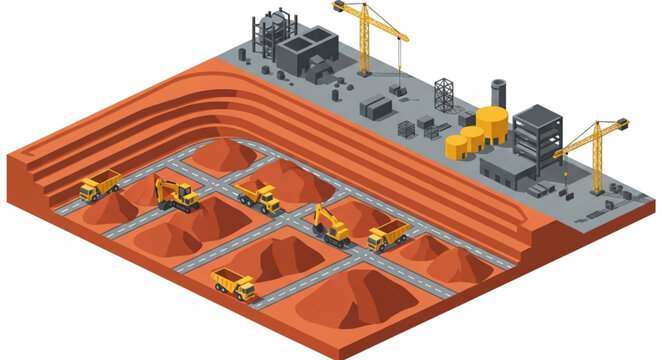 Isometric Open Pit Construction Excavation Site With Machinery.