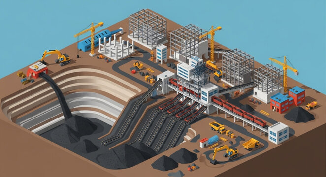 Isometric Open Pit Mine Excavation Site With Heavy Machinery.