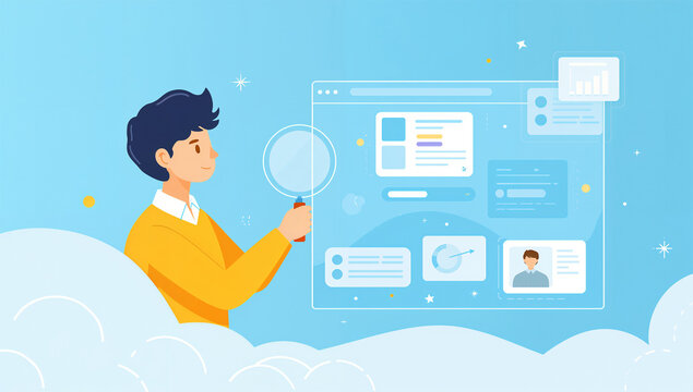 検索画面を学ぶ日本人男性、デジタルリテラシー教育を表すやさしい未来素材