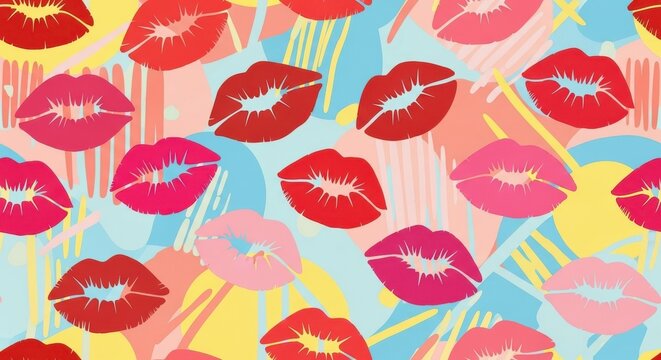 A colorful pattern of lips in various shades of pink, red, and purple on a pastel background with ye