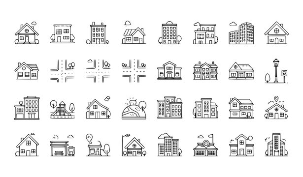A collection of simple line art vector icons depicting various houses and buildings