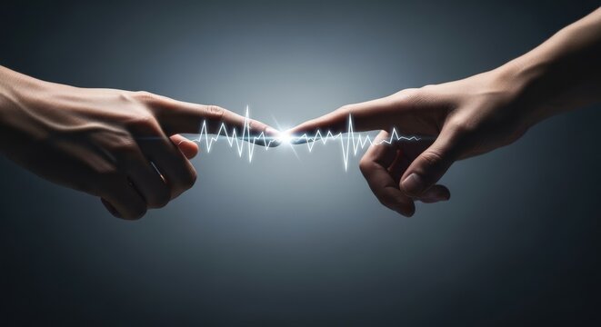 Two human fingers almost touching creating a bright spark of electrical energy and light waves