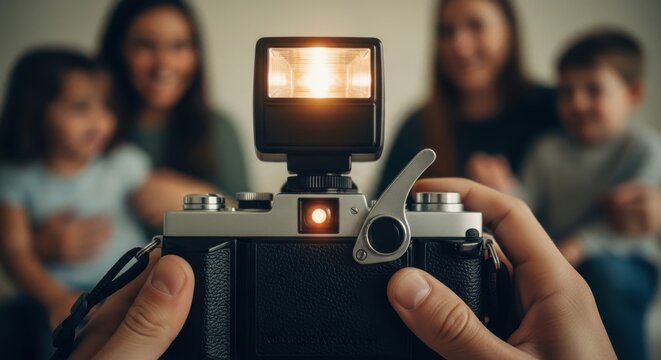 A person taking a photo of a family with a camera flash on family portrait camera view close up phot