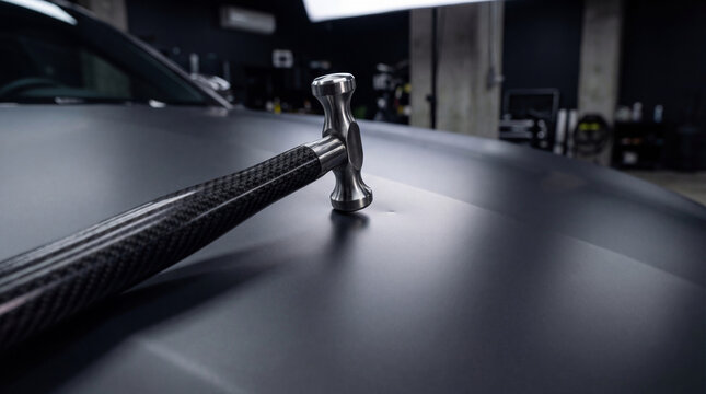 Specialized hammer for paintless dent repair tool resting on black car hood. Technician equipment for professional automobile body restoration and mechanical maintenance service job.