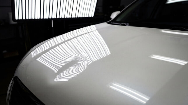 Technician checking car dent on vehicle hood using specialized light board for paintless dent repair. Professional auto body maintenance and damage inspection in a garage workshop.
