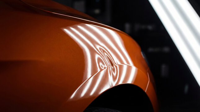 Dent on an orange car body panel under PDR lighting. Paintless dent repair process showing a deformation on a vehicle metal surface. Automobile bodywork and collision damage inspection.