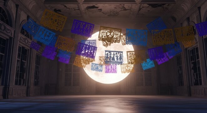 a large room with a bunch of colorful papers hanging from the ceiling large room colorful papers cei