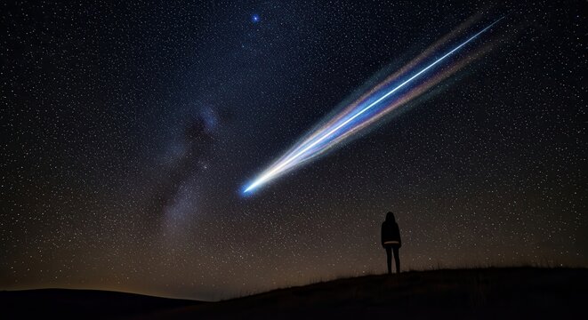 a person standing on a hill looking at a shooting star in the night sky with the milky way galaxy vi