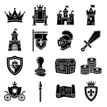 Royal medieval kingdom icons collection featuring a crown, ornate throne, imposing castle, watchtower, heraldic banner, knight's helmet, sharp sword, protective shield, royal
