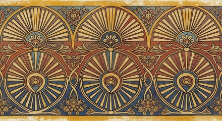 Obraz premium vibrant golden and blue ornate pattern with sunburst designs and floral motifs on a decorative surfa
