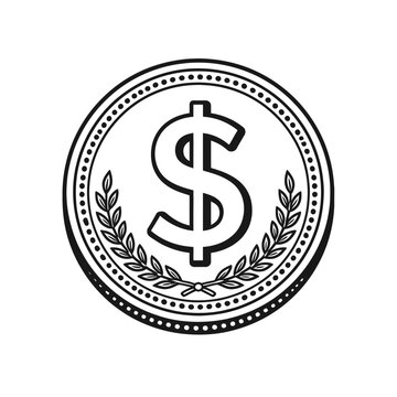 Icon of a black and white coin featuring a prominent dollar symbol encircled by a laurel wreath and a dotted border, symbolizing wealth, currency, investment, and financial success. Ideal for finance,