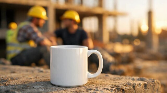 Blank white coffee mug mockup on concrete at construction site with blurred workers in background at sunset