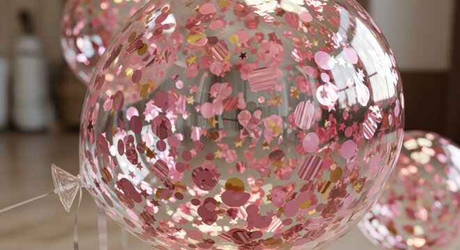 a close-up view of a pink confetti balloon on a clear stand close up confetti balloon copy space det