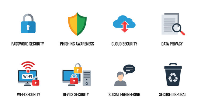 Cybersecurity icons depicting digital protection concepts: password lock, shield, cloud data transfer, document analysis, wi-fi signal security, device safeguarding, social