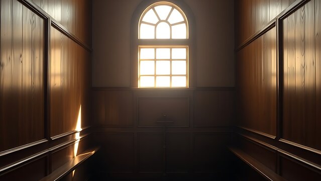 kneeler. The interior of an empty confessional booth with soft light entering through a wooden lattice. event programs, museum guides, designed for cultural heritage projects and event programs.