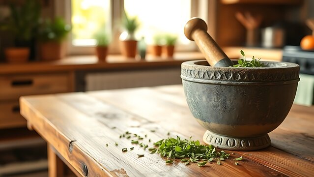 labdanum. A rustic stone mortar and pestle with green herbal paste on a wooden table in a cozy kitchen. menu design, packaging mockups, designed for culinary blogs and recipe cards for restaurants.