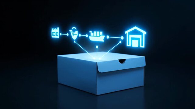 Blue shipping box with holographic logistics icons showing the supply chain journey from factory to home delivery