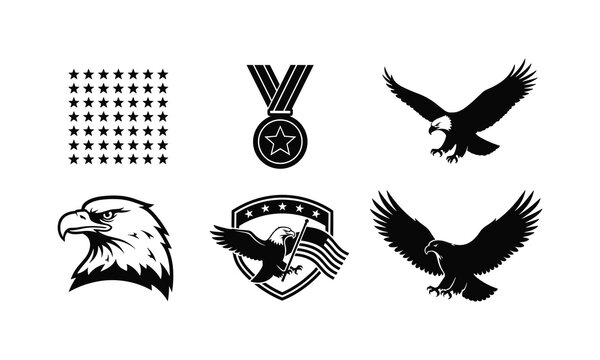 American patriotic icons set with bald eagle head and shield silhouette vector illustration.