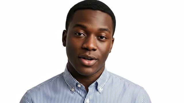 A professional young man in a striped button-up shirt smiles confidently