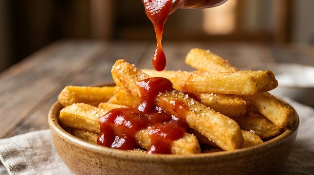 Close-up of ketchup dripping on fries, appetizing lifestyle macro