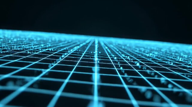 Abstract Digital Grid with Glowing Blue Particles and Lines.