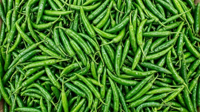 Abundant Pile of Fresh Green Serrano Peppers Offering a Vibrant and Healthy Culinary Ingredient
