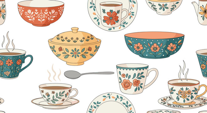 Seamless pattern featuring vintage ceramic cups bowls and saucers decorated with elegant floral motifs and delicate patterns on white.