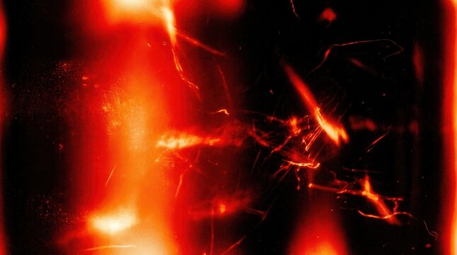 Intense red film burns and orange flares merge on a deep black backdrop for a dramatic transition.
