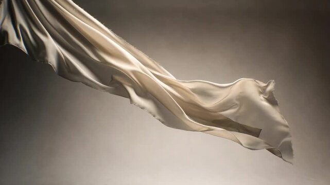 Flowing beige silk fabric captured in realistic style on soft gradient background, symbolizing elegance and motion