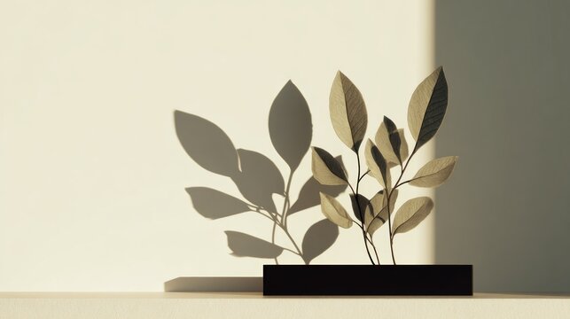 Minimalist plant with shadow against a neutral wall for modern design
