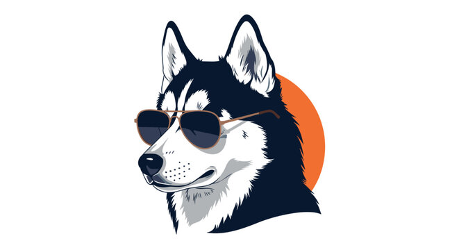 Cool digital illustration of a siberian husky head wearing classic aviator sunglasses against a bright orange circular background.
