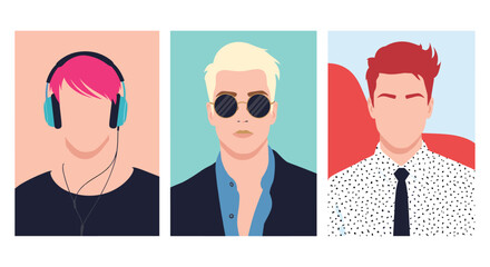Obraz premium Set of three minimalist portraits features stylish young men with unique hair and accessories like headphones and dark sunglasses.