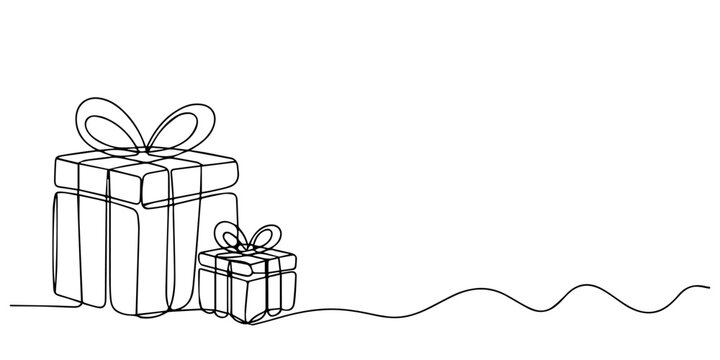 Continuous one line drawing of two gift boxes with ribbon bows for birthday Christmas celebration surprise, Stacked gift boxes with bows continuous line illustration on white. none editable strokes.