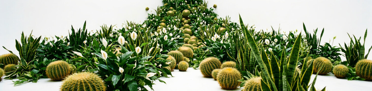 A diverse collection of golden barrel cacti and elegant peace lilies creates a stunning visual display of natural textures with spiky succulents and lush green foliage arranged artistically to