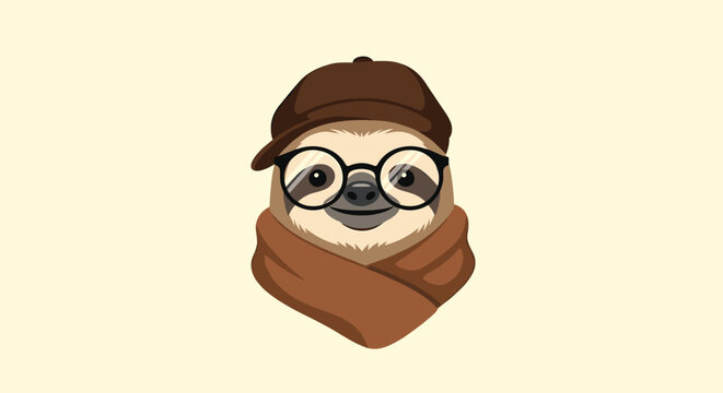 Adorable sloth character wears a brown newsboy cap, glasses, and a cozy warm scarf in a charming animal style illustration.