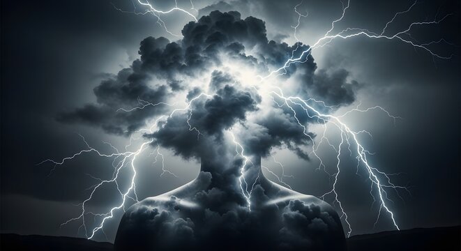 A dramatic illustration of a person's head with stormy clouds and lightning