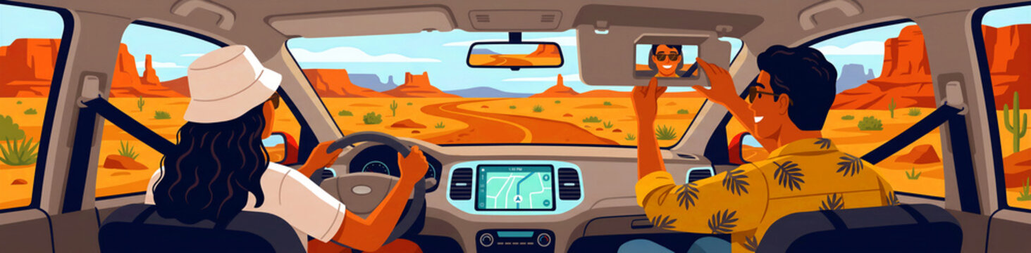 A joyful woman, wearing a stylish bucket hat, skillfully drives a modern car while a happy man in the passenger seat confidently adjusts his cool sunglasses in the sun visor mirror, both ready for