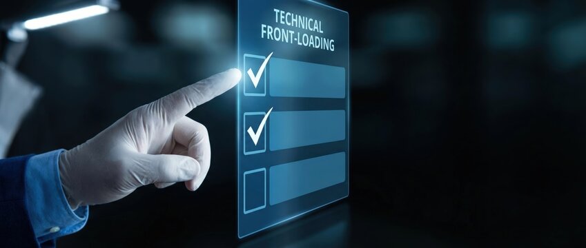 Technical front-loading checklist implementation corporate office digital display modern workspace close-up view efficient project management strategies