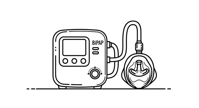 BiPAP Machine and Mask for Sleep Apnea Treatment - Line Art Illustration